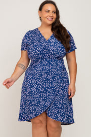 Navy Blue Floral Wrap Front Short Sleeve Plus Dress