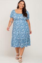 Blue Floral Ruffle Hem Plus Maternity Midi Dress