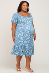 Blue Floral Ruffle Hem Plus Maternity Midi Dress