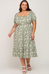 Sage Floral Ruffle Hem Plus Maternity Midi Dress