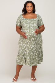 Sage Floral Ruffle Hem Plus Maternity Midi Dress