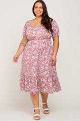 Mauve Floral Ruffle Hem Plus Maternity Midi Dress