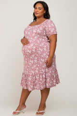 Mauve Floral Ruffle Hem Plus Maternity Midi Dress