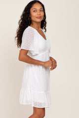 White Swiss Dot Chiffon Smocked Short Sleeve Dress