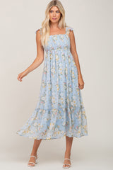 Light Blue Floral Smocked Maternity Maxi Dress