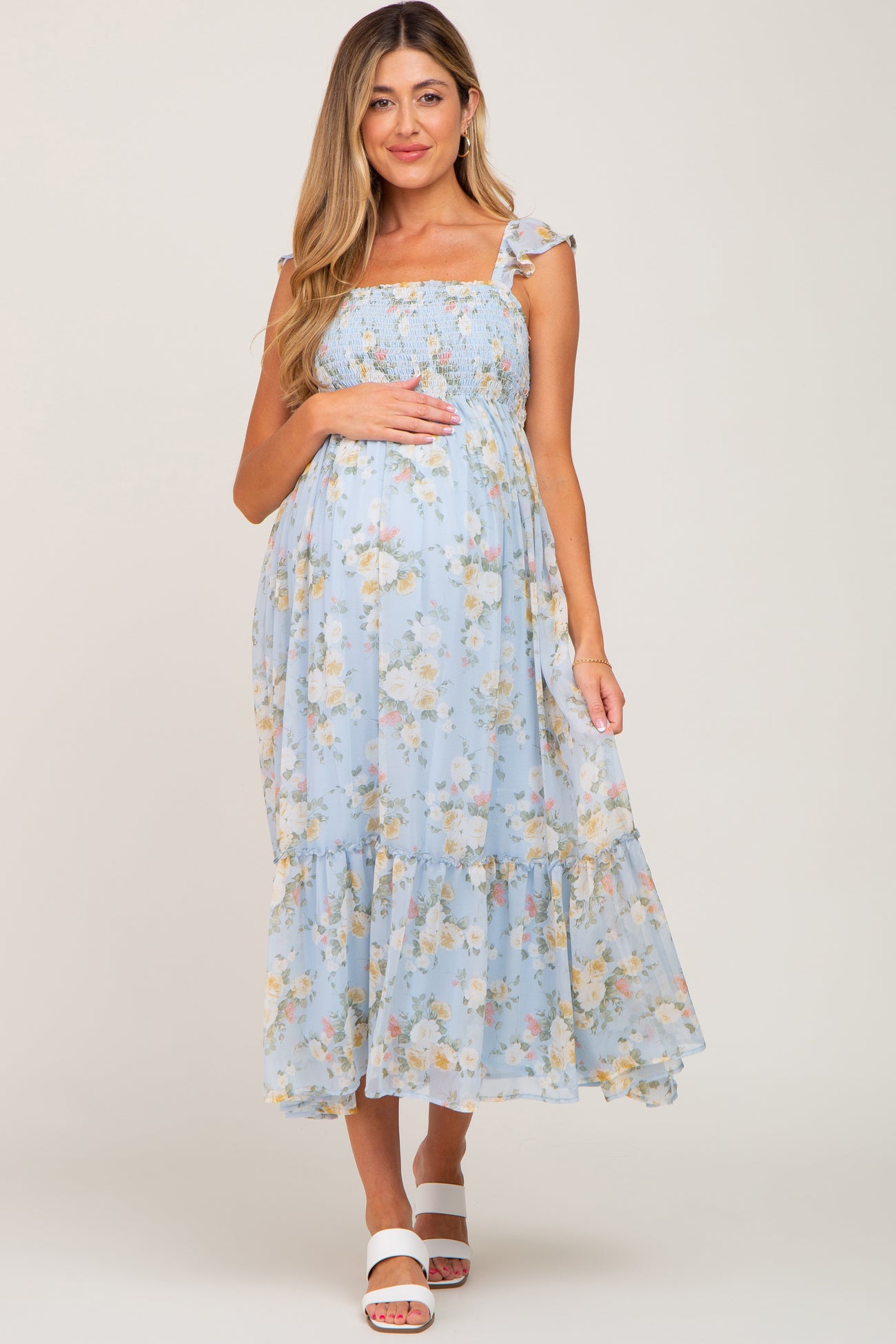 Missguided Maternity maxi dress with ruched side in light blue ditsy
