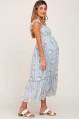 Light Blue Floral Smocked Maternity Maxi Dress