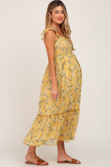 Yellow Floral Smocked Maternity Maxi Dress