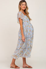 Light Blue Floral Chiffon Tiered Maternity Midi Dress