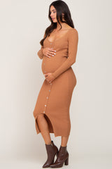 Camel Ribbed Button Accent Long Sleeve Maternity Dress