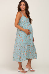 Light Blue Floral Sleeveless Maternity Maxi Dress