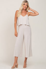 Beige Ribbed Double Layer Cropped Jumpsuit