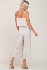 Beige Ribbed Double Layer Cropped Jumpsuit