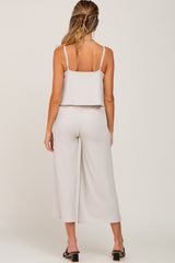 Beige Ribbed Double Layer Cropped Maternity Jumpsuit