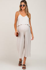 Beige Ribbed Double Layer Cropped Maternity Jumpsuit