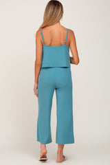 Teal Ribbed Double Layer Cropped Maternity Jumpsuit