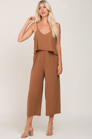 Camel Ribbed Double Layer Cropped Jumpsuit