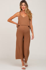 Camel Ribbed Double Layer Cropped Maternity Jumpsuit