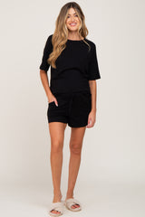 Black Pocket Front Maternity Pajama Short Set