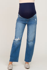 Blue Distressed Straight Leg Maternity Jeans