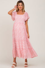 Pink Floral Smocked Tiered Maternity Maxi Dress