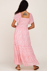 Pink Floral Smocked Tiered Maxi Dress