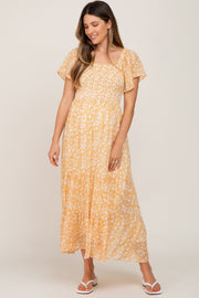 Mustard Floral Smocked Tiered Maternity Maxi Dress