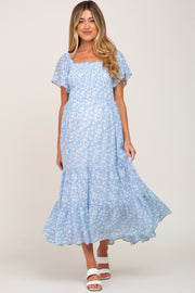 Blue Floral Smocked Tiered Maternity Maxi Dress