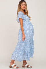 Blue Floral Smocked Tiered Maternity Maxi Dress