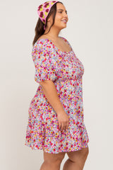 Fuchsia Floral Smocked Puff Sleeve Plus Dress