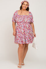 Fuchsia Floral Smocked Puff Sleeve Plus Dress