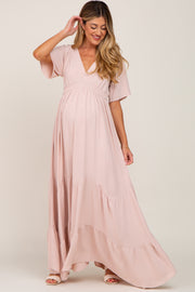 Light Pink Deep V-Neck Maternity Maxi Dress