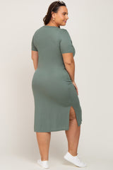 Olive Ribbed Button Front Plus Midi Dress