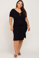 Black Ribbed Button Front Maternity Plus Midi Dress