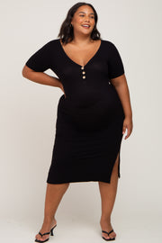 Black Ribbed Button Front Maternity Plus Midi Dress