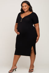 Black Ribbed Button Front Maternity Plus Midi Dress