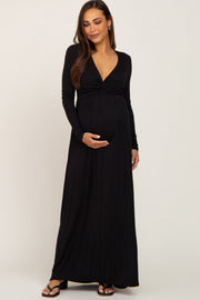 Black Front Twist Long Sleeve Maternity Maxi Dress