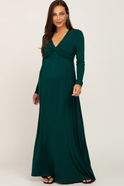 Forest Green Front Twist Long Sleeve Maternity Maxi Dress