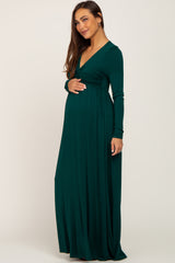 Forest Green Front Twist Long Sleeve Maternity Maxi Dress