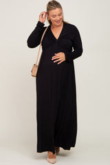 Black Front Twist Long Sleeve Maternity Plus Maxi Dress