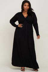 Black Front Twist Long Sleeve Plus Maxi Dress