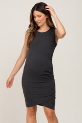 Charcoal Ribbed Crossover Hem Fitted Maternity Dress