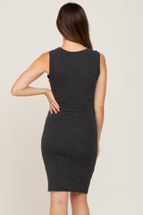 Charcoal Ribbed Crossover Hem Fitted Maternity Dress