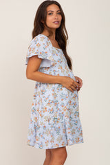 Light Blue Floral Gauze Square Neck Short Sleeve Maternity Dress