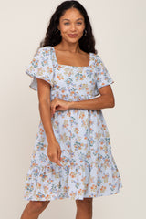 Light Blue Floral Gauze Square Neck Short Sleeve Dress