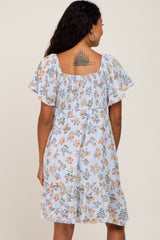 Light Blue Floral Gauze Square Neck Short Sleeve Dress