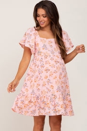 Pink Floral Gauze Square Neck Short Sleeve Maternity Dress