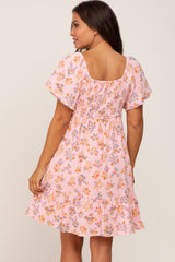 Pink Floral Gauze Square Neck Short Sleeve Maternity Dress