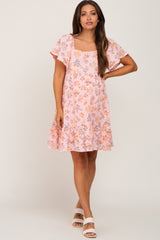 Pink Floral Gauze Square Neck Short Sleeve Maternity Dress