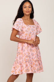 Pink Floral Gauze Square Neck Short Sleeve Dress